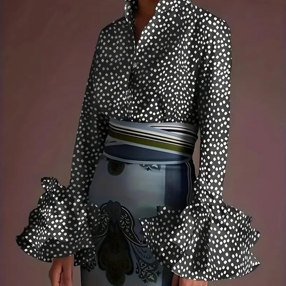Elegant Layered Ruffle Sleeve Button Up Turn Down Collar Blouse - Picture 2 of 7